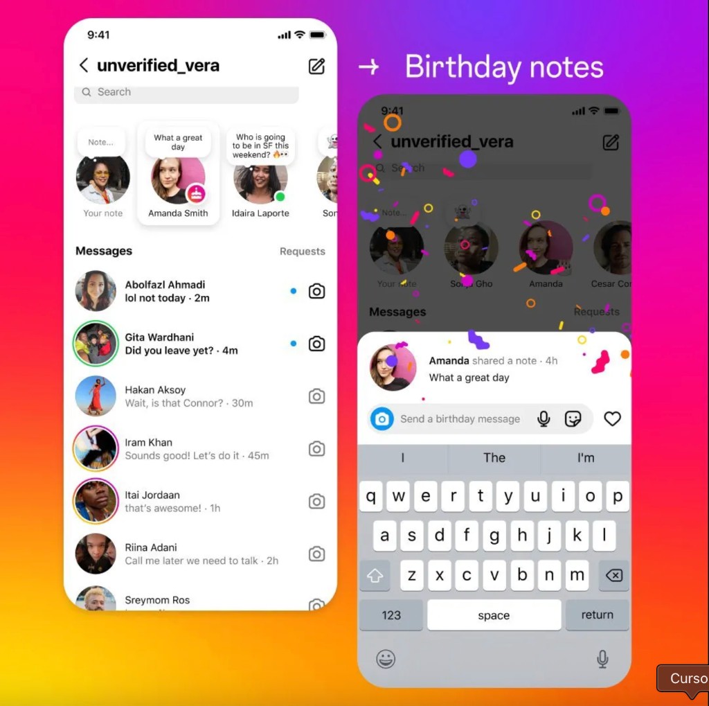 Birthday Notes launch creative showing Instagram DM interface and birthday note experience.