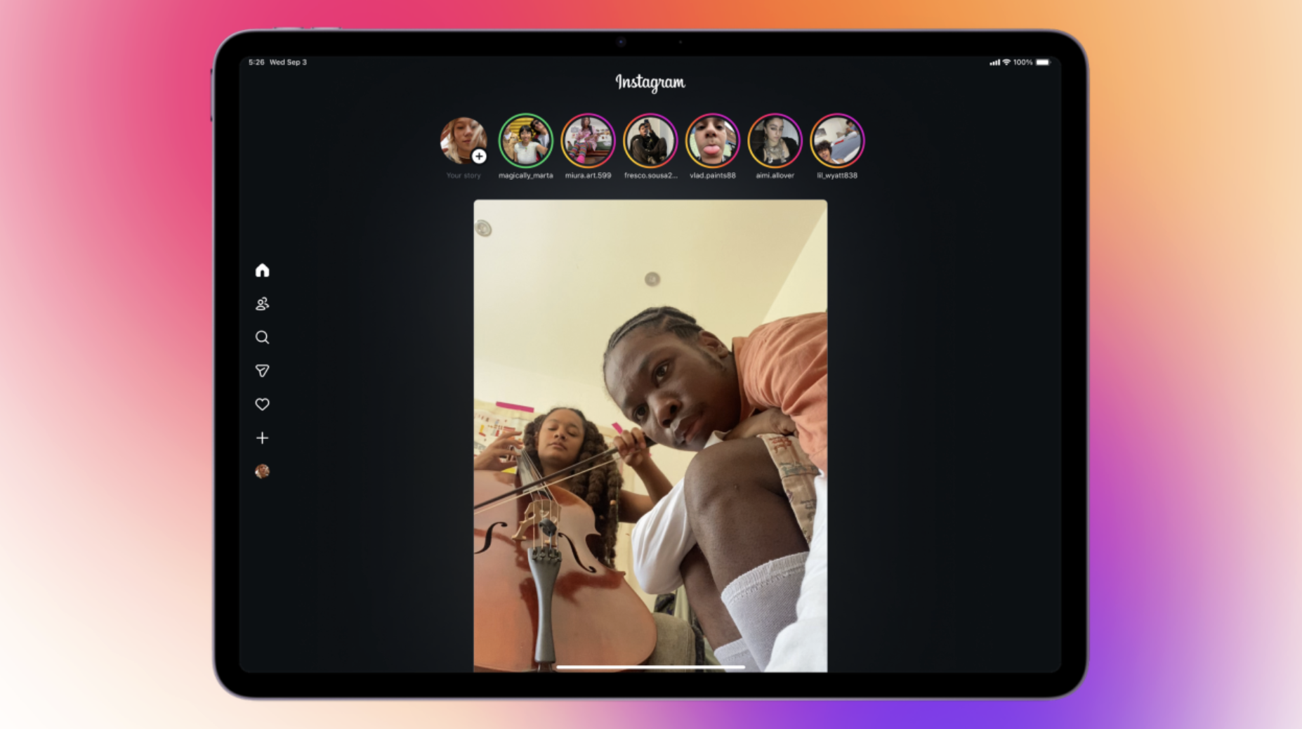 Instagram iPad app interface showing large-screen layout and feed interactions.
